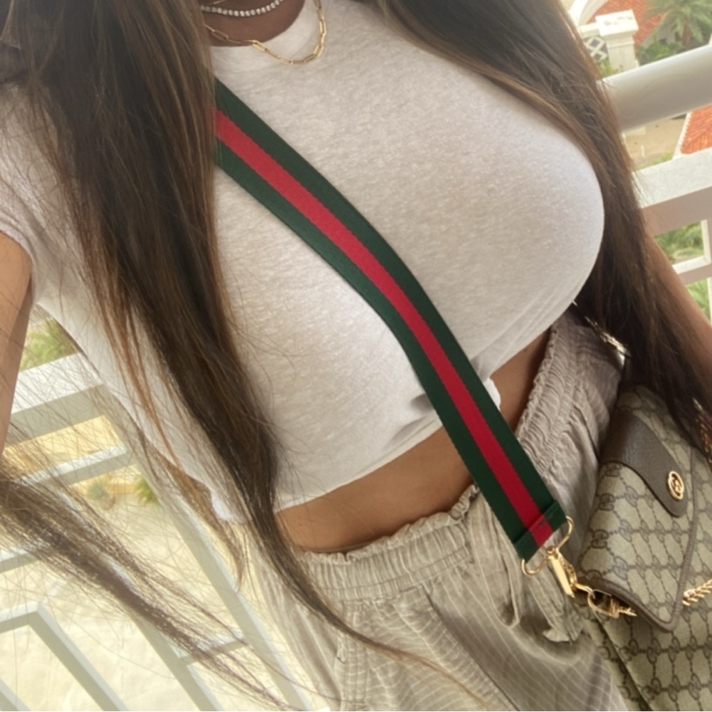 New GG replacement green / red striped handmade crossbody strap w/ gold hardware - Picture 2 of 5